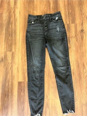 KanCan Black High-Rise Distressed Button-Fly Skinny Jeans